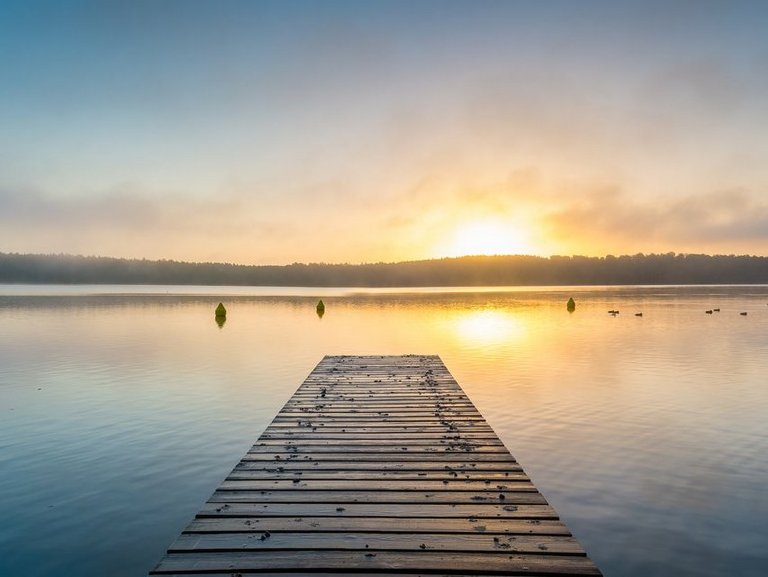 naturbild-seestimmung mit steg-sonnenspiegelung auf dem wasser